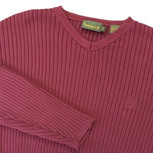 VTG Y2K Timberland Rib Knit V-Neck Sweater Burgundy Cotton 2001 Outdoor Medium